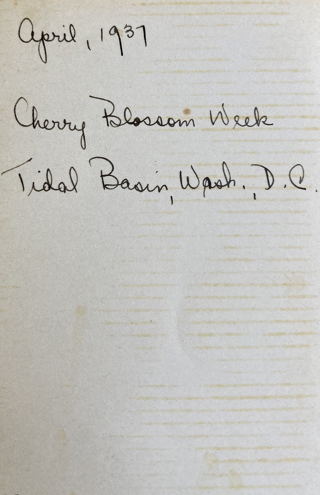 Reverse side of photo; handwriting says 'April, 1937  Cherry Blossom Week  Tidal Basin, Wash. D.C.'