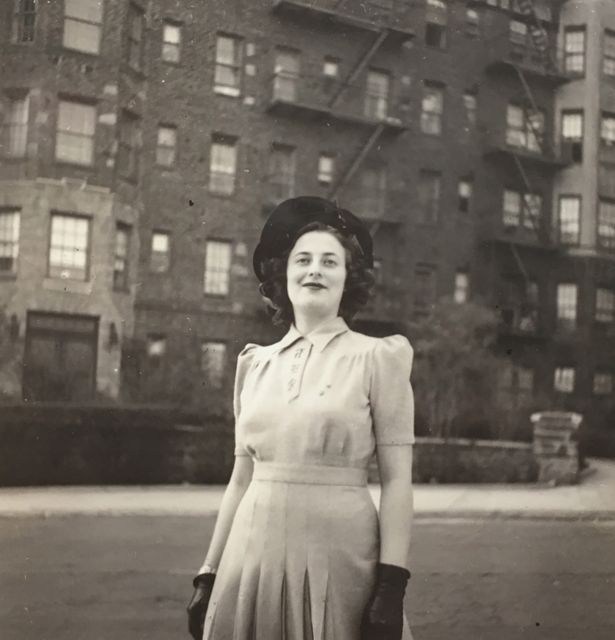 photo of Gladys Schwartz, posing in street